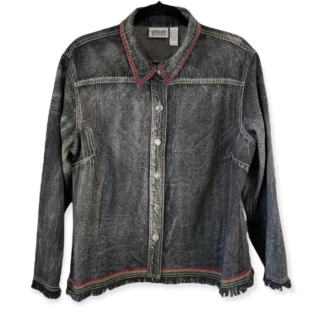 Chico’s Black Gray Denim Fringe Southwestern Jacket